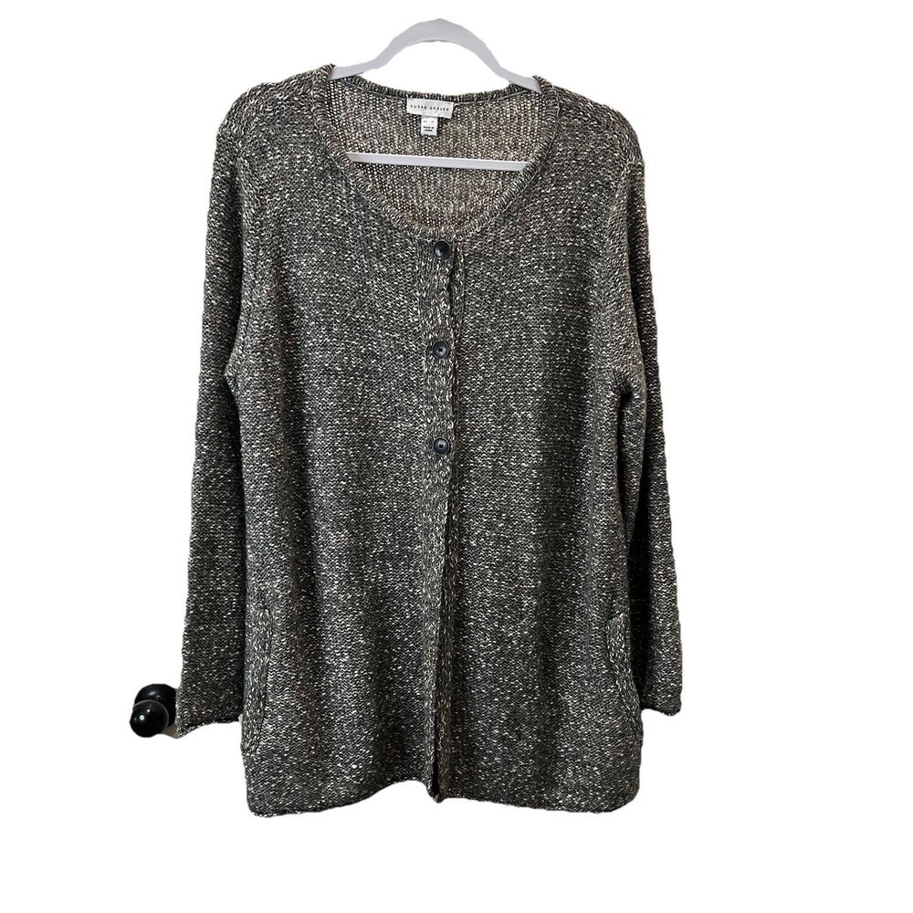 Susan Graver Gray Button Up Cardigan Sweater Long Sleeves Womens Size XL Pockets